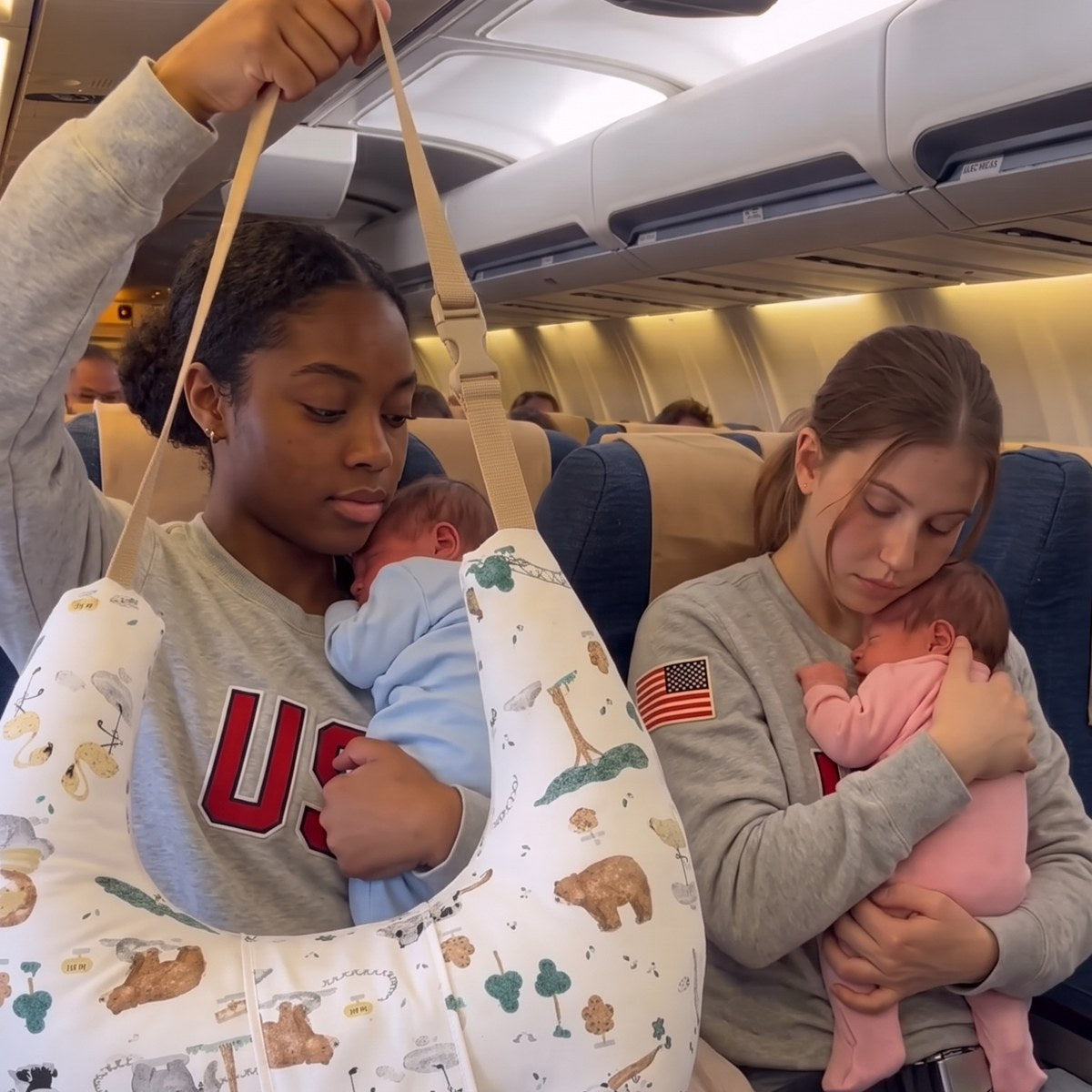 Mom on a plane loops the SkyCradle strap over her shoulder