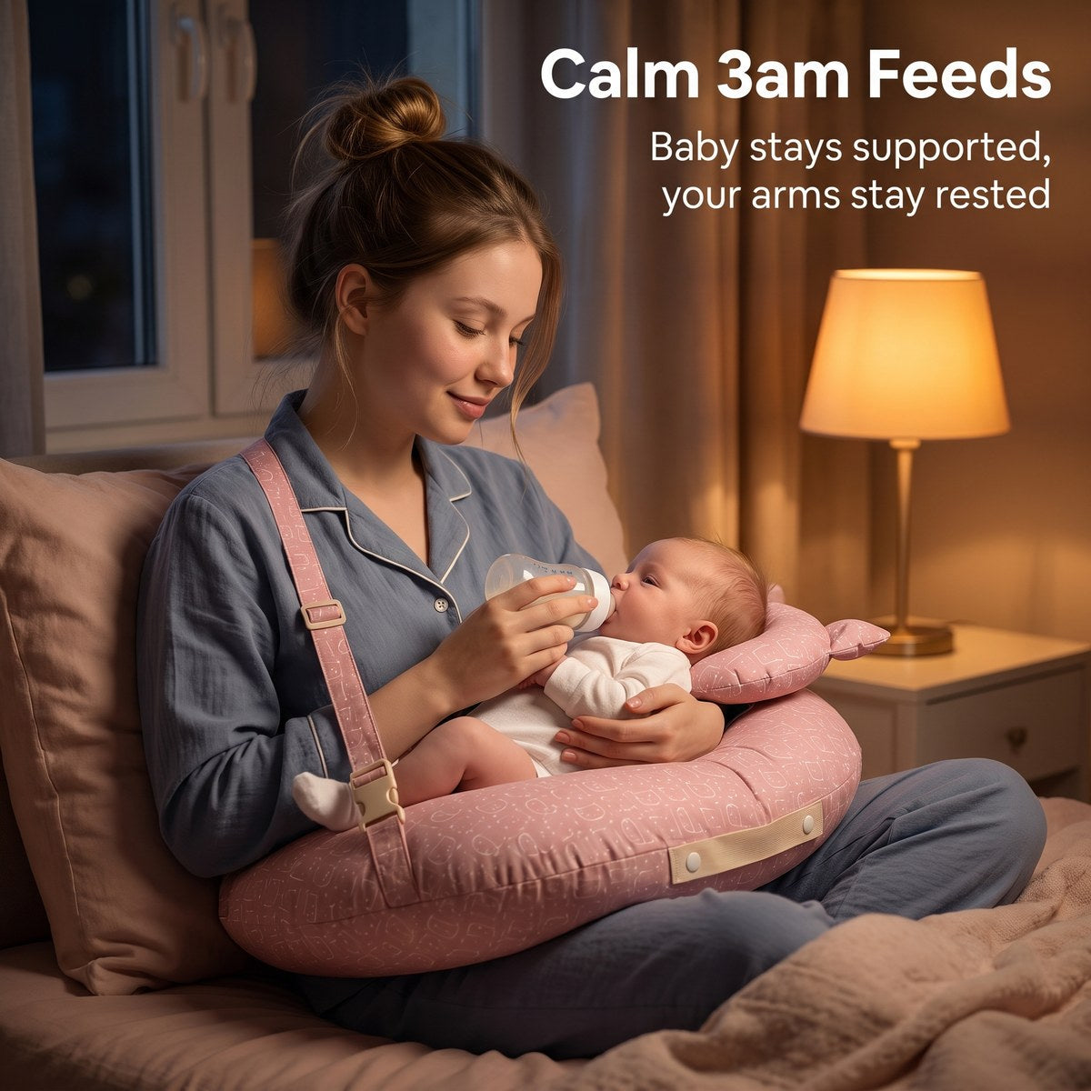Calm night feed, baby supported and arms rested