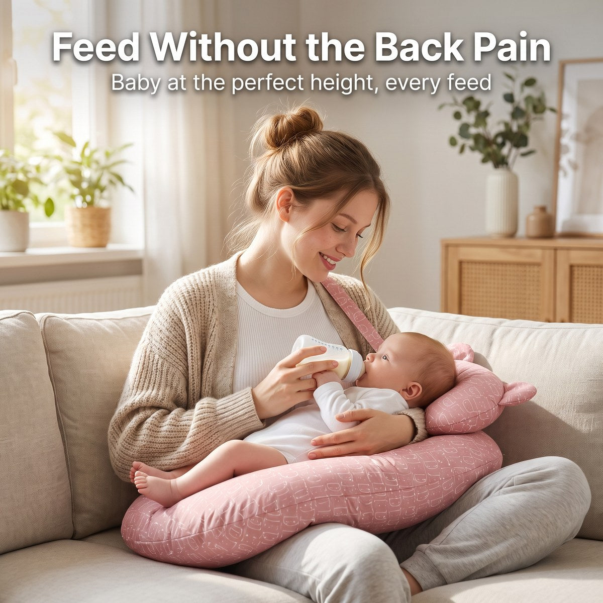 Mom bottle feeds without hunching, baby at feeding height
