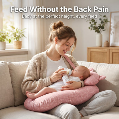 Mom bottle feeds without hunching, baby at feeding height