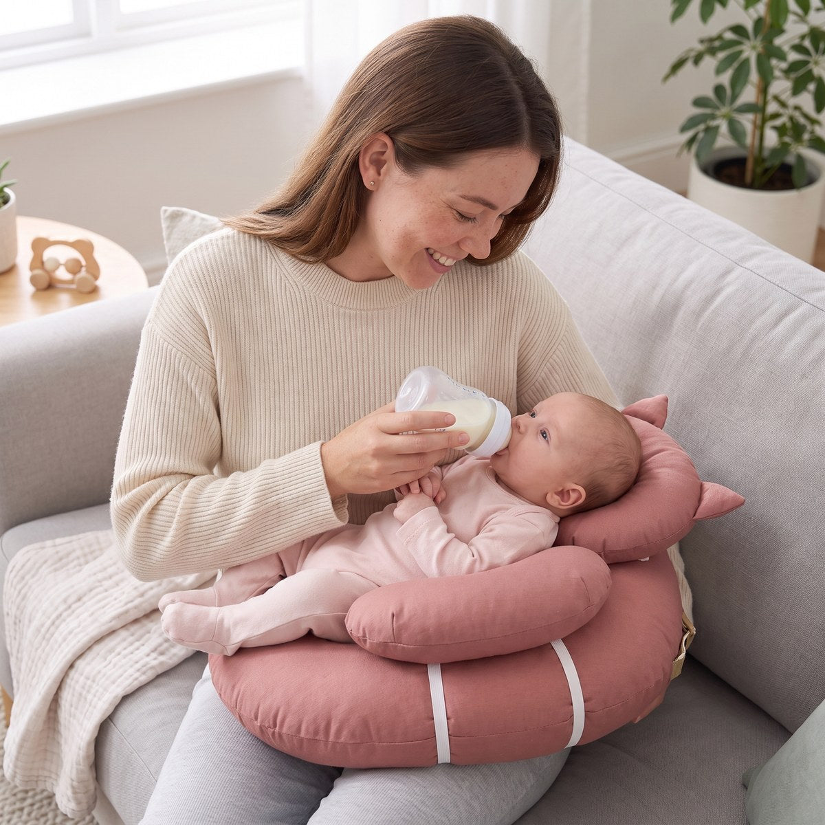 Bottle feeding on the couch with the pillow
