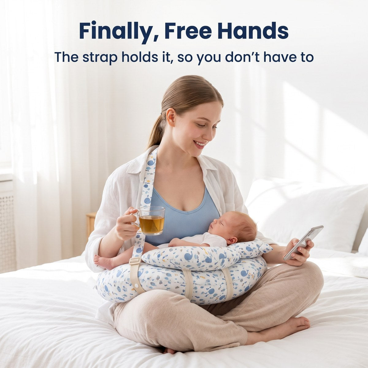 Mom sips tea with free hands while baby rests on the pillow