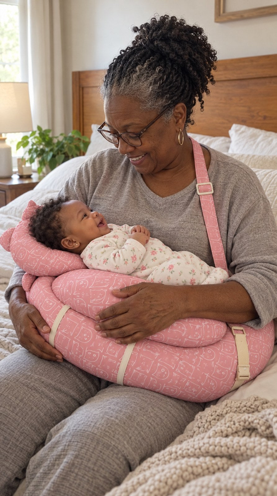 Grandma holds the baby on the wearable pillow