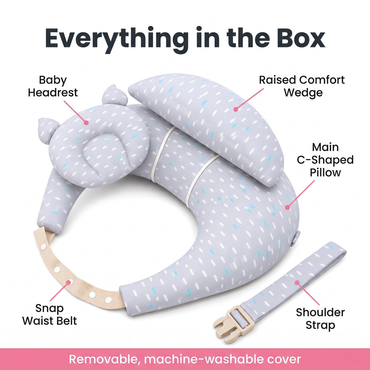 Everything in the box: pillow, head pillow, waist belt and shoulder strap