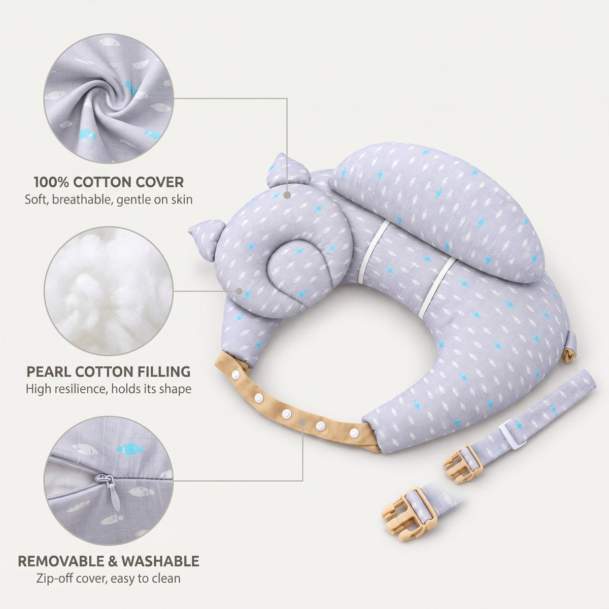 Cotton cover, soft filling, zip-off washable cover