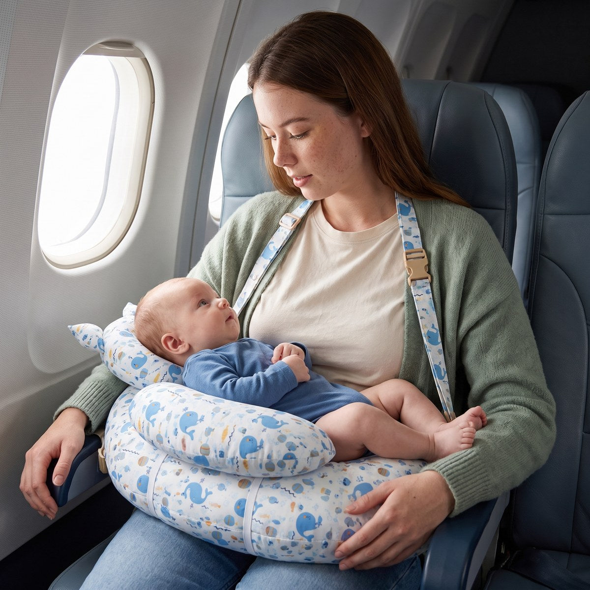 Mom feeds her baby on a plane with the wearable pillow